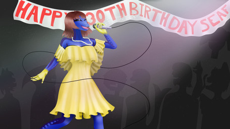 4_fingers anthro big_breasts birthday birthday_party blue_arms blue_body blue_head blue_legs blue_neck blue_scales breasts brown_hair clothed clothed_anthro clothed_breasts clothed_female clothing dress electronics eyes_closed feet female female_anthro fin fingers fully_clothed fully_clothed_anthro fully_clothed_female gem group hair holding_microphone holding_object jewelry membrane_(anatomy) microphone musical_note musical_symbol necklace non-mammal_breasts open_mouth pearl_(gem) pearl_necklace scales singing solo_focus symbol yellow_body yellow_clothing yellow_dress yellow_fingers yellow_hands yellow_scales anonymous_artist background_character mycha_(seaf) acanthurid aquatic fish regal_tang 16:9 2026 4k absurd_res hi_res widescreen female_(lore)