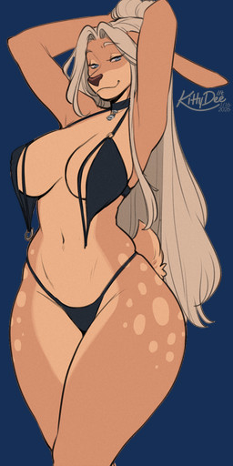 anthro big_breasts bikini biped blue_eyes breasts clothed clothed_anthro clothed_female clothing countershade_torso countershading eyelashes female front_view fur hair hands_behind_head long_eyelashes long_hair looking_at_viewer navel scut_tail short_tail simple_background skindentation smile solo spots spotted_hips spotted_legs spotted_thighs standing swimwear tail tan_body tan_fur tan_hair transparent_background two-piece_swimsuit wide_hips kittydee lola_buckhart cervine deer mammal sika_deer 2026 alpha_channel digital_drawing_(artwork) digital_media_(artwork) hi_res