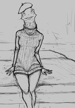 anthro beak breasts clothed clothing feathers female hat headgear headwear looking_at_viewer looking_forward non-mammal_breasts sitting solo sweater topwear driftingwaves01 avian bird humanoid absurd_res hi_res monochrome sketch