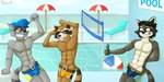 5_fingers abs anthro ball beach_ball belt biped black_body black_fur black_hair black_nose blue_clothing blue_hat blue_headwear brown_body brown_fur bulge cellphone cheek_tuft closed_smile clothed clothing electronics eyewear facial_tuft featureless_chest fingers fur fur_tuft glasses grey_body grey_fur group hair hand_behind_back hat headgear headwear holding_cellphone holding_object holding_phone holding_smartphone inflatable looking_at_another male markings mouth_closed multicolored_body multicolored_fur muscular muscular_anthro muscular_male navel net pecs phone pool purple_nose smartphone smile striped_markings striped_tail stripes tail tail_markings teeth topless topless_anthro topless_male trio tuft volleyball_net wearing_glasses white_body white_fur winking_at_another sandblastcoyote guardians_of_the_galaxy marvel sly_cooper_(series) sony_corporation sony_interactive_entertainment sucker_punch_productions rocket_raccoon sly_cooper mammal procyonid raccoon 2021 2:1