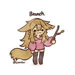 :3 anthro blush branch chibi clothed clothing female female_anthro fur hair holding_object hoodie leaf legwear long_ears long_hair pantsless solo tail tan_body tan_fur text thigh_highs topwear comifur loomy_(comifur) canid canine canis domestic_dog mammal 1:1 digital_drawing_(artwork) digital_media_(artwork) english_text