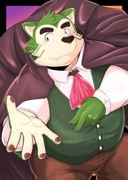 anthro clothing collared_shirt dress_shirt eyebrows fur green_body green_fur holidays male overweight overweight_male shirt solo thick_eyebrows topwear vampire_costume vest nazebesu_hobby halloween lifewonders live_a_hero mokdai canid canine canis domestic_dog mammal vampire hi_res