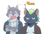 anthro blue_body blue_fur blush chibi crossed_arms duo fur green_eyes green_hair grey_body grey_fur hair male pink_blush size_difference smile suna_sand1 lifewonders tokyo_afterschool_summoners hati_(tas) nyarlathotep_(tas) canid canine canis hyena mammal wolf