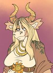 2_horns anthro belt belt_buckle blonde_hair breasts brown_belt brown_clothing brown_hair brown_jacket brown_topwear buckle cleavage closed_smile clothed clothed_anthro clothed_female clothing dress eyebrows eyelashes facial_piercing female female_anthro fur gold_(metal) gold_jewelry gold_necklace gradient_background hair horn jacket jewelry light long_hair mouth_closed multicolored_hair multicolored_horn necklace nose_piercing orange_horn piercing purple_background purple_eyes sagging_breasts simple_background smile solo tan_body tan_fur thick_eyebrows topwear two_tone_hair white_clothing white_dress yellow_horn beastofeuthanasia onnetar bovid bovine cattle mammal 2023 colored digital_drawing_(artwork) digital_media_(artwork) english_description half-length_portrait hi_res lighting portrait