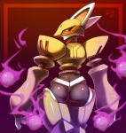 anthro blush butt crossgender eyelashes female fire fireball looking_back machine mouthless rear_view simple_background solo nancher capcom mega_man_(series) mega_man_zero cubit_foxtar canid canine fox mammal reploid robot 2011 portrait three-quarter_portrait