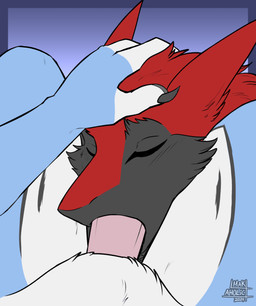 anthro between_legs duo erection fellatio fur genitals holding_head male male/male nude oral penetration penile penile_penetration penis red_body red_eyes red_fur sex mak_aholic bukmar tek_(wolf7ech) canid canine mammal sergal hi_res