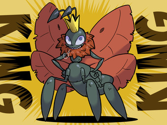 4_legs 4_wings ambiguous_gender antennae_(anatomy) arthropod_abdomen black_body blue_eyes crown eyespots gold_crown grey_body grin hands_on_hips headgear insect_wings markings multi_wing pupils red_wings ruff simple_background small_pupils smile solo teeth text toony toothy_grin wings yellow_background 72studio disney hoppers_(disney) pixar titus_(hoppers) arthropod butterfly insect lepidopteran monarch_butterfly taur 2026 4:3 digital_media_(artwork) english_text hi_res