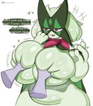 ambiguous_gender anthro big_breasts breast_grab breasts disembodied_hand duo female green_body hand_on_breast heart_symbol huge_breasts nude open_mouth red_eyes speech_bubble text startop nintendo pokemon generation_9_pokemon meowscarada pokemon_(species) english_text hi_res