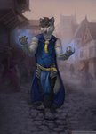 anthro armor clothed clothing group illusion magic male medieval medieval_architecture patreon_logo solo_focus stealth text town conditional_dnp danza patreon canid canine canis mammal wolf english_text hi_res url