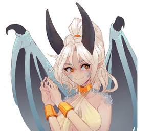 breasts collar female horn humanoid_pointy_ears looking_aside membrane_(anatomy) membranous_wings pointy_ears scales simple_background smile solo white_background wings corablue mythology animal_humanoid dragon dragon_humanoid humanoid mythological_creature mythological_scalie scalie 2026 digital_media_(artwork)