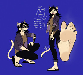 5_toes anthro arm_tattoo barefoot black_clothing black_footwear black_hair blue_background bodily_fluids bottomwear clothed clothing colored_nails colored_toenails crouching dialogue ear_piercing feet female fingers flip_flops foot_fetish foot_focus footwear fur gauged_ear hair humanoid_feet jewelry looking_at_viewer musk nails pants piercing plantigrade sandals sharp_teeth shirt shoes simple_background smelly smelly_feet smile soles solo speech_bubble sweat sweaty_feet tail talking_to_viewer tan_body tattoo teeth text toenails toes tongue tongue_out topwear white_body polipon domestic_cat felid feline felis mammal english_text hi_res signature