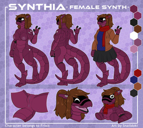 accessory anthro anus bottomwear breasts brown_hair clothing female genitals hair hair_accessory hairpin hardlight jacket leather leather_clothing leather_jacket leather_topwear looking_at_viewer plushie purple_body raised_arm scarf skirt solo standing tail text topwear vulva snaildoki space_station_13 synthia_(frixit) synth_(vader-san) absurd_res english_text hi_res model_sheet