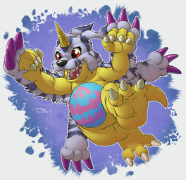 1_horn 3_toes 4_fingers abstract_background ambiguous_anthro ambiguous_gender animal_skin anthro belly belly_markings biped claws featureless_chest featureless_crotch feet finger_claws fingers happy horn humanoid_hands markings open_mouth open_smile pink_tongue plantigrade red_eyes smile solo tail teeth three-quarter_view toe_claws toes tongue white_claws white_finger_claws white_toe_claws yellow_body yellow_horn teaselbone bandai_namco digimon digimon_(species) gabumon 2015 digital_drawing_(artwork) digital_media_(artwork) full-length_portrait portrait shaded signature