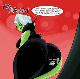 big_butt butt clothing evil_laugh extreme_size_difference female freckles green_body green_skin hair micro not_furry red_sclera size_difference text torn_clothing white_hair slugmanoctavious disney kid_cosmic wander_over_yonder lord_dominator madame_president alien alien_humanoid humanoid 2025 absurd_res crossover english_text hi_res