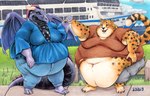 anthro belly_overhang blue_eyes clothed clothing cruise_ship duo female grass hand_holding ill-fitting_clothes male membrane_(anatomy) membranous_wings merchant_ship moobs morbidly_obese morbidly_obese_anthro morbidly_obese_female morbidly_obese_male obese obese_anthro obese_female obese_male orange_sclera overweight overweight_anthro overweight_female overweight_male passenger_ship plant ship tail torn_clothing vehicle water watercraft wings synonymbun_(artist) mythology shalion cheetah dragon felid feline mammal mythological_creature mythological_scalie scalie signature