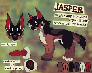 ambiguous_gender animal_genitalia animal_penis animal_vulva balls brown_body brown_fur canine_genitalia canine_penis canine_vulva cheek_dots cheek_spots clothing countershading dipstick_tail facial_markings feral footwear fur genitals gloves_(marking) hair hair_over_eye head_markings highlights_(coloring) knot knotted_penis leg_scar markings mask_(marking) multicolored_body multicolored_fur no_pupils palette penis pointy_ears raccoon_tail_hair red_eyes red_penis red_vulva scar sheath socks striped_hair tail tail_markings text thigh_scar vulva young young_feral wastepaw jasper_(wastepaw) canid canine canis coyote domestic_dog herding_dog hybrid malinois_dog mammal pastoral_dog sheepdog 2026 colored digital_media_(artwork) english_text full-length_portrait headshot_portrait hi_res model_sheet portrait