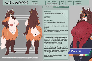 4_toes 5_fingers anthro areola arm_tuft big_breasts big_butt bottomwear breasts brown_body brown_fur brown_hair butt clothing ear_piercing elbow_tuft eyewear feet female fingers fur genitals glasses green_eyes grey_streaks hair huge_breasts huge_butt humanoid_genitalia inner_ear_fluff lips long_hair mature_female navel nipples orange_body orange_fur pants piercing shoulder_tuft slightly_chubby solo sweater tail tail_tuft text thick_thighs toes topwear tuft vulva wide_hips polsy kara_woods_(polsy) canid canine fox mammal red_fox true_fox absurd_res english_text hi_res model_sheet
