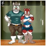 annoyed anthro big_bulge big_muscles border bottomwear bulge claws clothing crossed_arms diamond_(marking) duo fur green_eyes grey_body grey_fur hair hand_on_shoulder locker_room male markings midriff muscular muscular_anthro muscular_male posing_for_picture pubes red_body red_fur shirt short_hair shorts smile t-shirt tank_top teeth text text_on_clothing text_on_shirt text_on_topwear tight_bottomwear tight_clothing tight_shorts tight_topwear topwear white_body white_border white_fur aaron_(artist) dray_(aaron) russel_(aaron) canid canine canis domestic_dog husky mammal nordic_sled_dog spitz 1:1 digital_media_(artwork) english_text hi_res watermark brother_(lore) brothers_(lore) sibling_(lore)