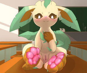 4_toes anus blush chalkboard clitoris desk feet female female_feral feral foot_focus fur furniture genitals green_body green_fur hindpaw information_board looking_at_viewer multicolored_body multicolored_fur nude on_table pawpads paws pink_nose school sex smile solo table tan_body tan_fur toes two_tone_body two_tone_fur vaginal vulva yellow_eyes sword-dance nintendo pokemon eeveelution generation_4_pokemon leafeon pokemon_(species) hi_res signature