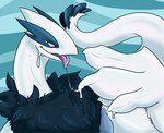 abstract_background absurd_res bodily_fluids chest_tuft claws generation_2_pokemon hi_res legendary_pokemon looking_at_viewer lugia nintendo open_mouth open_smile pokemon pokemon_(species) saliva silverwing_(lugia) smile solo stupidshepherd tail tongue tongue_out tuft