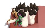 anthro claws duo extreme_size_difference feet foot_fetish foot_focus foot_play fur green_body green_fur hair hug looking_at_viewer lying male male/male micro pawpads paws purple_body purple_fur purple_hair size_difference soles solo_focus toes takesu dannydumal lengban canid canine canis felid hybrid mammal mouse murid murine pantherine rodent tiger wolf 16:10 watermark widescreen