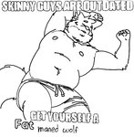 anthro belly biped bottomwear cheek_tuft clothing eyes_closed facial_tuft fluffy fluffy_tail hand_behind_head lying male navel nipples overweight overweight_male shirtless_male shorts simple_background sleeping slightly_chubby solo tail text tuft aki_maned_wolf skinny_guys_are_outdated canid canine mammal maned_wolf digital_drawing_(artwork) digital_media_(artwork) english_text line_art low_res meme monochrome