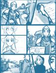 2015 anthro armor blue_and_white cloak clothed clothing comic conditional_dnp daniels_(twokinds) felid female flora_(twokinds) fur group hair human keidran keiren_(twokinds) male mammal monochrome outside pantherine simple_background sketch therie_sah-van tiger tom_fischbach trace_legacy twokinds white_background