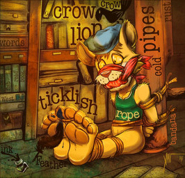 4_toes ankles_tied anthro bdsm bird_on_head bondage book bookmark bookshelf bound bound_toes clothed clothing cursed_object duo ears_up feathers feet floor fur furniture gag green_clothing green_shirt green_tank_top green_topwear hands_behind_back hands_tied hands_tied_behind_back hat headgear headwear ink inkwell legs_tied library looking_at_foot looking_down magic male open_book orange_body orange_fur pantsless partially_clothed pawpads perching red_gag shirt sitting sitting_on_ground tank_top text tickle_torture tickling tickling_feet tied_to_pole toe_restraints toes toes_tied topwear whiskers yellow_eyes impximon between_the_lions pbs lionel_(between_the_lions) animate_inanimate avian bird corvid corvus_(genus) crow felid feline felis lion mammal oscine pantherine passerine