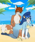 anthro beach_sex breasts doggystyle duo female from_behind_position heterochromia looking_pleasured male male/female one_breast_out sex iwaiz nintendo pokemon minatsu_(boredomtool) canid canine fox generation_5_pokemon mammal oshawott pokemon_(species)