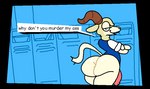 anthro big_butt bottomless bubble_butt butt clothed clothing crossed_arms genitals humor locker looking_at_viewer looking_back male penis solo speech_bubble text thick_thighs topwear superiorfox beastars pina_(beastars) bovid caprine dall_sheep mammal sheep 2021 comic_sans english_text meme