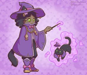 ambiguous_feral ambiguous_gender black_body black_bottomwear black_clothing black_fur black_hair black_pants boots bottomwear brown_body brown_skin cloak clothed clothing curly_hair duo ear_piercing ear_ring eyelashes female female_humanoid feral floating footwear fully_clothed fur green_eyes hair hat headgear headwear holding_object holding_wand humanoidized inner_ear_fluff levitating magic_user pants piercing pink_bow purple_boots purple_cloak purple_clothing purple_footwear raised_tail ring_piercing rope shoes square_crossover tail tuft wand white_inner_ear_fluff witch witch_costume witch_hat young young_female young_humanoid imumbreon neko_atsume hermeowne_(neko_atsume) animal_humanoid cat_humanoid domestic_cat felid felid_humanoid feline feline_humanoid felis humanoid mammal mammal_humanoid 2023 cel_shading digital_drawing_(artwork) digital_media_(artwork) purple_theme shaded