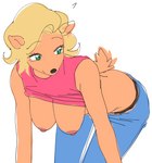 anthro bent_over blonde_hair bottomwear breasts clothing denim denim_bottomwear denim_clothing female fur hair jeans nipples pants shirt solo topwear watatanza activision crash_bandicoot_(series) tawna_bandicoot bandicoot mammal marsupial 2022