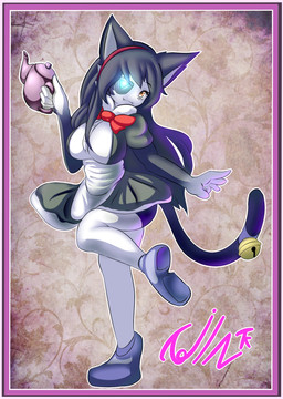 anthro bell big_breasts biped black_body black_fur black_hair border breasts clothed clothing eye_patch eyewear female footwear fur hair looking_at_viewer maid_uniform orange_eyes pose raised_leg shoes solo teapot uniform white_body white_border white_fur tailzkim felid mammal 2015 hi_res
