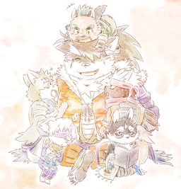 accessory anthro brown_body brown_fur chibi eyebrows eyewear fur glasses grey_body grey_fur group headband hug male pawpads sitting sleeping thick_eyebrows ren_izayoi lifewonders tokyo_afterschool_summoners masanori_(tas) moritaka_(tas) shino_(tas) tadatomo_(tas) yasuyori_(tas) yoshito_(tas) canid canine canis domestic_dog mammal