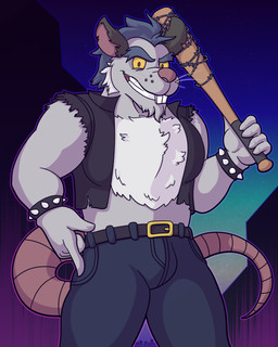 anthro belt blue_hair bottomwear bracelet buckteeth building chest_tuft city clothed clothing denim denim_bottomwear denim_clothing dusk eyebrows facial_hair grey_body hair jacket jeans jewelry leather leather_clothing leather_topwear leather_vest looking_at_viewer male night notched_ear open_clothing open_jacket open_topwear outline pants shirtless sideburns skyscraper smile smirk solo spiked_bracelet spikes star sunset tail teeth thick_eyebrows thick_outline topwear torn_clothing torn_topwear tuft vest weapon whisker_spots whiskers yellow_sclera archth brok_the_investigator celsius_strays cowcat_games squealers_chief bat mammal murid murine rat rodent 4:5 absurd_res cel_shading hi_res shaded