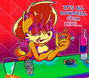 5_fingers alcohol arms_bent ashtray bar beverage blue_eyes bottle breasts cigarette container depression featureless_breasts female fingers hair half-closed_eyes narrowed_eyes nude red_hair sad scut_tail short_tail solo tail text sausagesquidu archie_comics sega sonic_the_hedgehog_(archie) sonic_the_hedgehog_(comics) sonic_the_hedgehog_(satam) sonic_the_hedgehog_(series) sally_acorn english_text hi_res