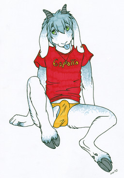 anthro blue_penis bulge clothed clothing cross cross_necklace ear_piercing erection erection_under_clothing genitals horn jewelry male necklace penis piercing solo tenting text tongue underwear noktivus bovid caprine goat mammal 2010 spanish_text translated