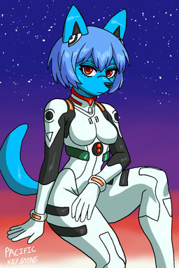 anthro blue_body blue_fur blue_hair clothing female fur hair plugsuit red_eyes slim solo thick_thighs tight_clothing wide_hips pacifickeystone neon_genesis_evangelion nintendo pokemon rei_ayanami canid canine canis generation_4_pokemon jackal lucario mammal pokemon_(species) 2:3 hi_res
