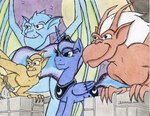 blue_eyes blue_hair crown cutie_mark feathered_wings feathers female group hair headgear horn male night royalty smile star white_hair wings the1king disney friendship_is_magic gargoyles hasbro my_little_pony mythology broadway_(gargoyles) brooklyn_(gargoyles) lexington_(gargoyles) princess_luna_(mlp) equid equine gargoyle mammal mythological_creature mythological_equine winged_unicorn crossover hi_res traditional_media_(artwork)