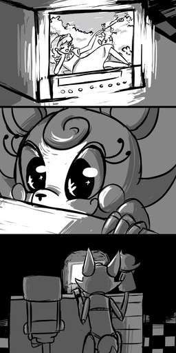 anthro being_watched checkered checkered_floor dark electronics female looking_at_another machine puppet smile solo sound_effects television wand wide_eyed inkyfrog five_nights_at_freddy's five_nights_at_freddy's_2 scottgames funtime_foxy_(fnaf) mangle_(fnaf) animatronic canid canine domestic_cat felid feline felis fox human mammal robot hi_res
