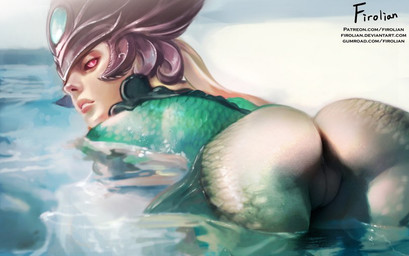 armor black_sclera blonde_hair butt female forehead_gem gem genitals green_body green_skin hair headgear helmet lips looking_at_viewer orange_eyes partially_submerged presenting presenting_hindquarters scales solo split_form tan_body tan_skin text underwater vulva water wet firolian league_of_legends patreon riot_games tencent nami_(lol) aquatic humanoid merfolk english_text url