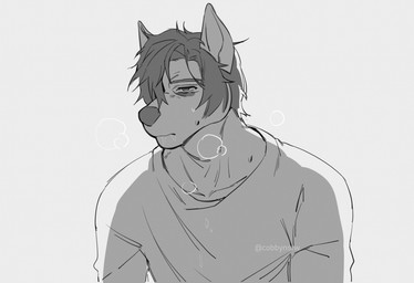 anthro bodily_fluids clothed clothing drooling front_view hair male male_anthro messy_hair mouth_closed saliva shirt short_hair simple_background solo sweat sweaty_face text tired topwear cobu john_(cobe_xiu-xiu) canid canine canis domestic_dog herding_dog malinois_dog mammal pastoral_dog sheepdog artist_name bust_portrait greyscale monochrome portrait