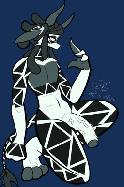 3_toes 4_fingers anthro big_penis dreadlocks feet fingers foreskin genitals horn humanoid_genitalia humanoid_penis kneeling male nude pecs penis solo toes vein veiny_penis birb_allegro demon giraffe giraffid mammal 2023 absurd_res alpha_channel hi_res signature