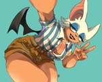 anthro big_breasts breasts cleavage clothed clothing eyeshadow fangs female fur gesture hand_gesture makeup simple_background solo teeth thick_thighs v_sign wings davidid sega sonic_the_hedgehog_(series) rouge_the_bat bat mammal hi_res