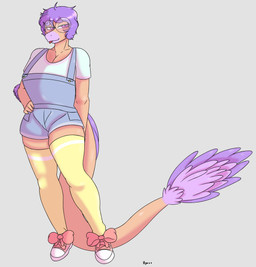 anthro biped blep breasts clothed clothed_anthro clothed_female clothing crossgender elbow_feathers eyebrow_through_hair eyebrows eyewear feathered_tail feathers female footwear front_view glasses grey_background hair half-closed_eyes hand_on_hip legwear long_tail looking_at_viewer mtf_crossgender narrowed_eyes non-mammal_breasts overalls pose purple_body purple_eyes purple_feathers purple_hair round_glasses shirt shoes short_hair simple_background socks solo standing tail tan_body text thigh_highs thigh_socks tongue tongue_out topwear translucent translucent_hair white_clothing white_shirt white_topwear yellow_clothing yellow_footwear yellow_socks hyuvevo goodbye_volcano_high ko_op_(game_developer) sage_(gvh) dinosaur dromaeosaurid microraptor prehistoric_species reptile saurischian scalie theropod 2025 absurd_res artist_name colored full-length_portrait hi_res portrait shaded