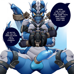 accessory angry anthro balls bdsm biped bondage bound chain cock_ring cuff_(restraint) dialogue erection genitals harness jewelry lock locks looking_at_viewer male muzzle_(object) muzzled padlock penis_accessory penis_jewelry restraints shackles simple_background solo speech_bubble spread_legs spreading text wootersa mythology ws5000 dragon mythological_creature mythological_scalie scalie 1:1 digital_drawing_(artwork) digital_media_(artwork) english_text hi_res