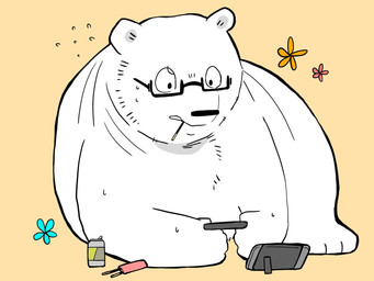 anthro black_nose eating electronics eyewear food fur game_console glasses kemono rectangular_glasses simple_background solo white_body white_fur gayousi7 nintendo nintendo_switch pocky bear mammal polar_bear ursine 2020 4:3 hi_res