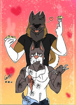duo male male/male candyshybat ruff_bull voff_akita akita american_akita canid canine canis domestic_dog humanoid mammal pit_bull spitz hi_res