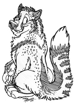 ambiguous_gender claws eyebrows fangs feral fur looking_back markings pawpads paws semi-anthro sitting smile smile_lines snout solo spots spotted_body spotted_fur tail teeth underbite matrices_(artist) canid canine cheetah felid feline hybrid mammal 2006 full-length_portrait greyscale monochrome pen_(artwork) portrait signature traditional_media_(artwork)