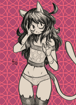5_fingers :< ahoge anthro bangs clothing crop_top female fingers flat_chested hair hand_on_own_face legwear lingerie long_hair midriff navel panties pattern_background pattern_clothing pupils red_background shirt simple_background slit_pupils solo spots tail text thigh_gap thigh_highs topwear underwear verashaabrthy fergie_(polterousr) domestic_cat felid feline felis mammal 2023 artist_name dated digital_media_(artwork) hatching_(art) hi_res monochrome portrait shaded sketch three-quarter_portrait